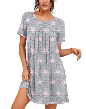 Womens  Short Sleeve Nightgown Soft Pleated Nightshirt Scoopneck Casual Loungewear
